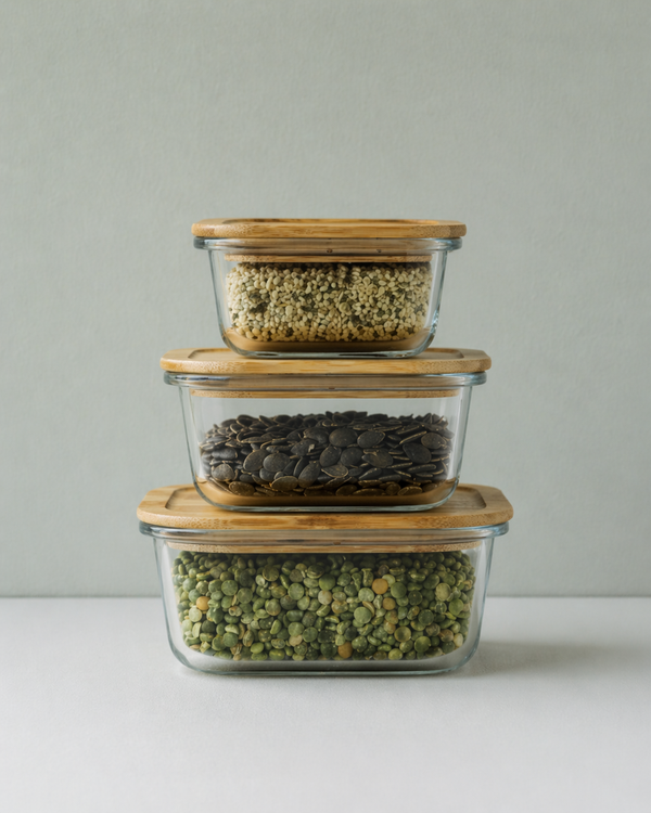 The HomeWell Package | Set of 3 Rectangular Glass Food Storage Containers with Bamboo Lids for Meal Prep & Leftovers