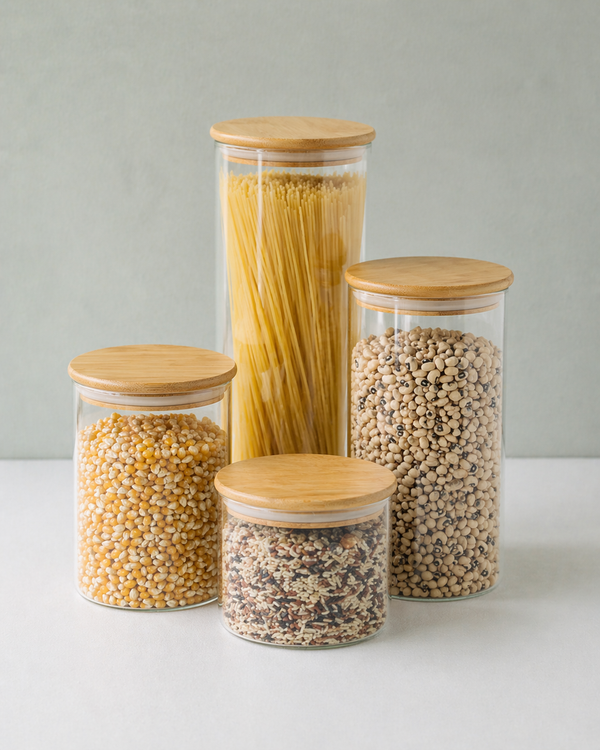 The HomeWell Pantry Set | 6-Piece Circular Glass Canister Set with Bamboo Lids for Pantry Organization