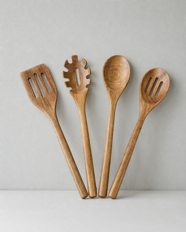 The HomeWell Bamboo Utensil Set | 4-Piece Wooden Cooking Spoon & Spatula Set