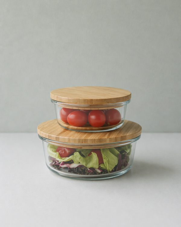 The HomeWell Fresh Bowl Set | 2-Piece Round Glass Food Storage Containers with Bamboo Lids